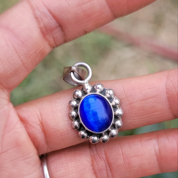 Southwestern 925 sterling silver vintage blue cat's eye necklace pendant - Picture 5 of 16